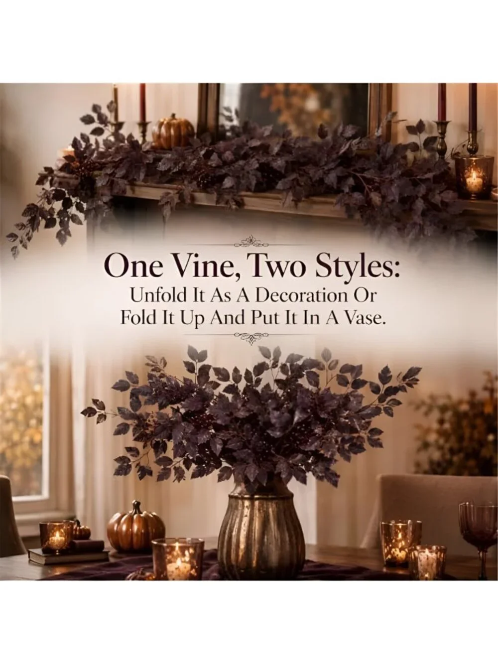 2Pack Fall Decorations for Home, 6FT Dark Plum Fall Garland, Flexible Branches